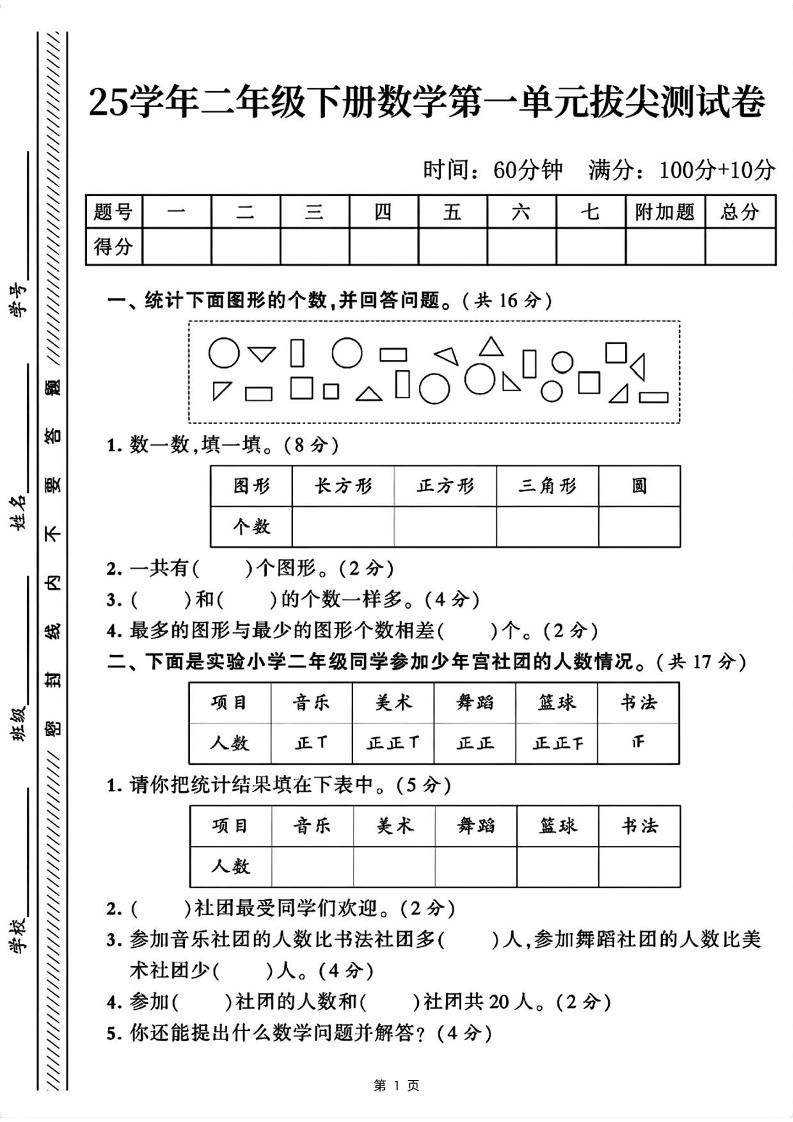 25二下数学第一单元拔尖测试卷1（含答案5页）人教
