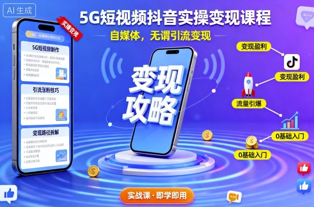 5G短视频抖音实操变现课程，自媒体，无谓引流变现